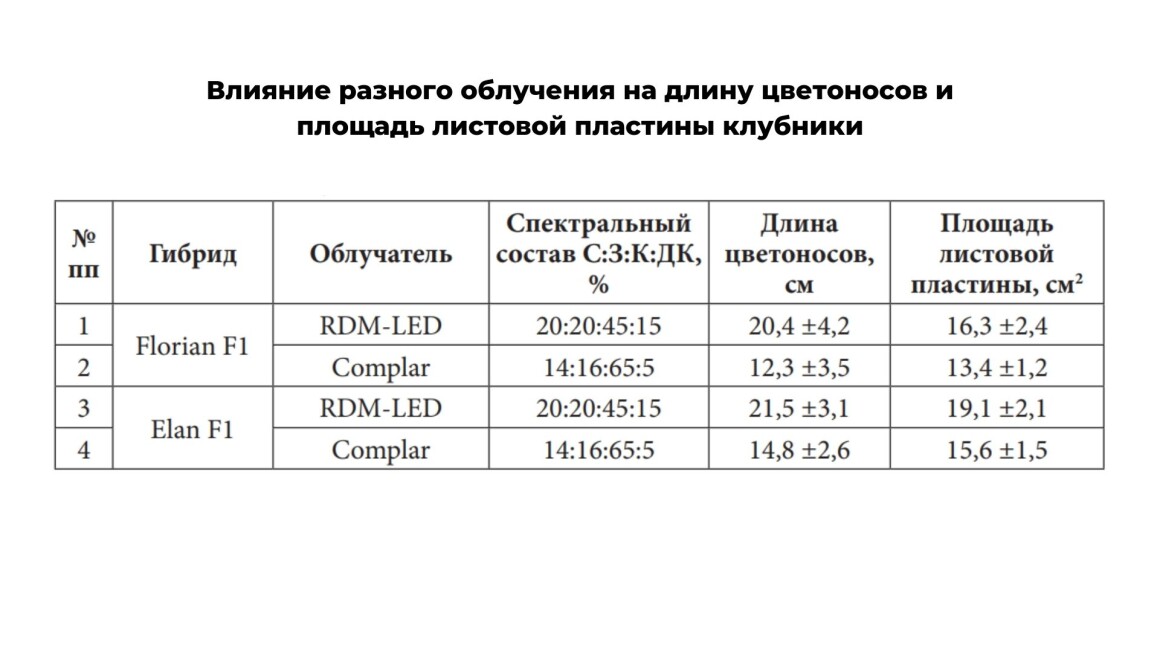 Влияние разного облучения на длину цветоносов и площадь листовой пластины клубники